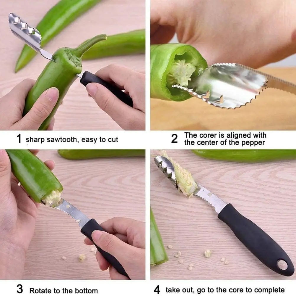 2-in-1 Jalapeno Corer Tool  Stainless Steel Pepper Seed Remover Tool with Serrated Edges & Soft Rubber Handle