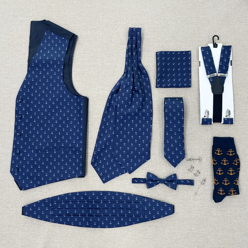 Anchor ascot waistcoat tie pins sock navy bowtie necktie set pocket square silk mens tie sets gift box suspender cummerbund cuff