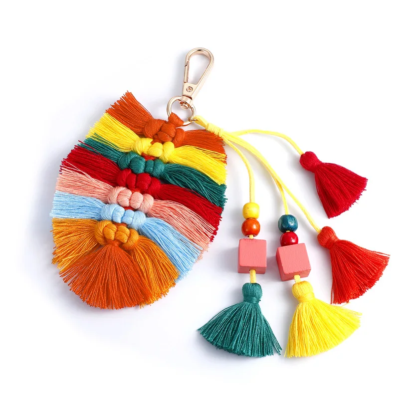 Bohemian Multi Layer Wooded Bead Tassel Key Chain Colorful Cotton Thread Keychain for Women