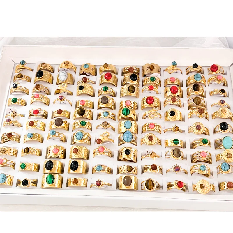 Wholesale Bulk Stainless Steel Ring Man Women Jewelry No Fade Natural Stone Ring Pvd 18k Vintage Ring