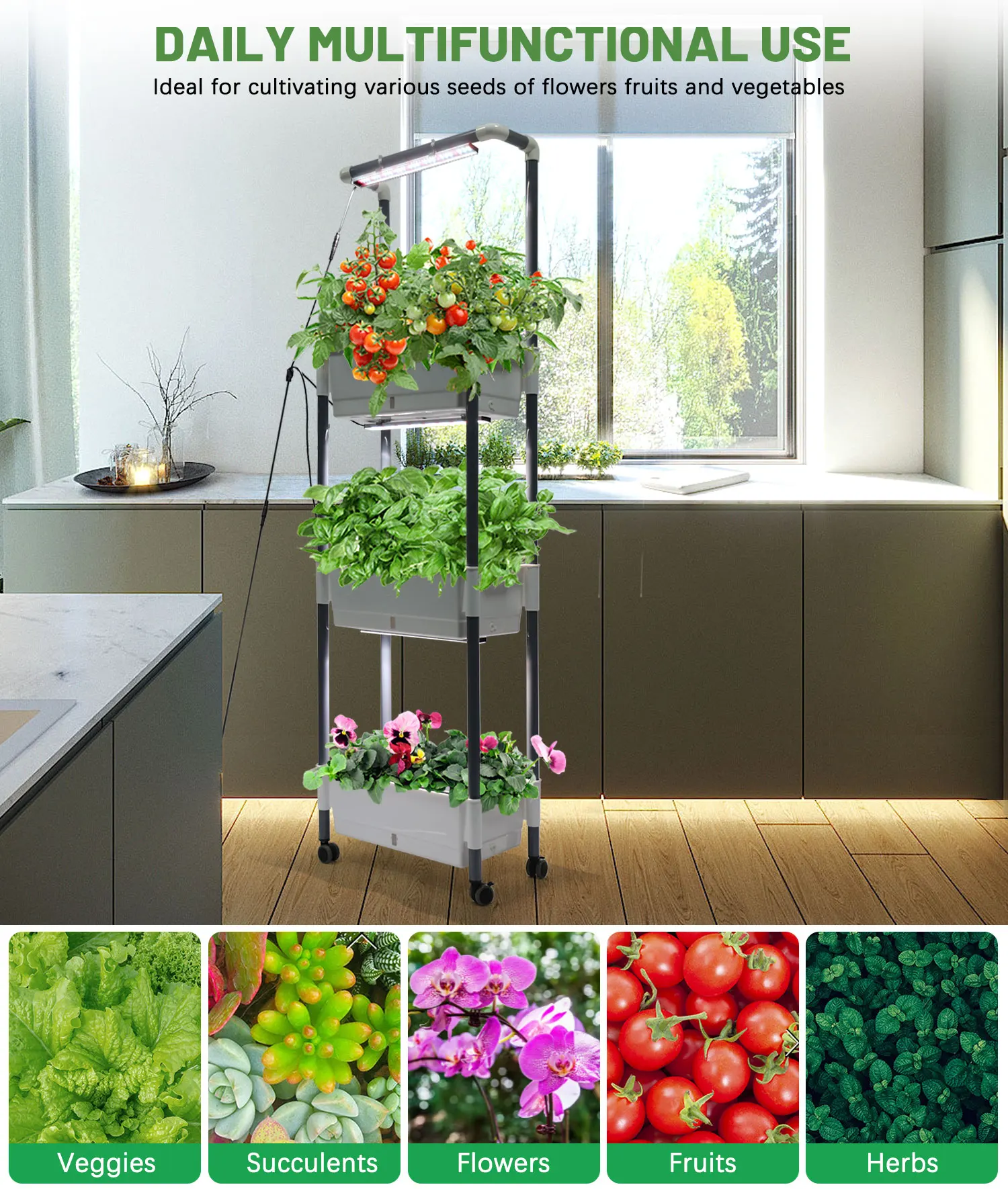 Indoor Garden Planter Herb Vegetable Flower Tomato Strawberry Farm Vertical Home Growing Kits With Led Light Mix Spectrum 660nm