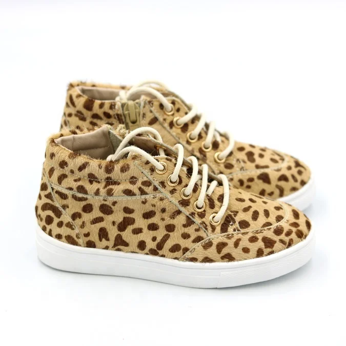 High Fashion Side Zipper Mo-hair Leather With Leopard Printing Charact Kid Sneaker