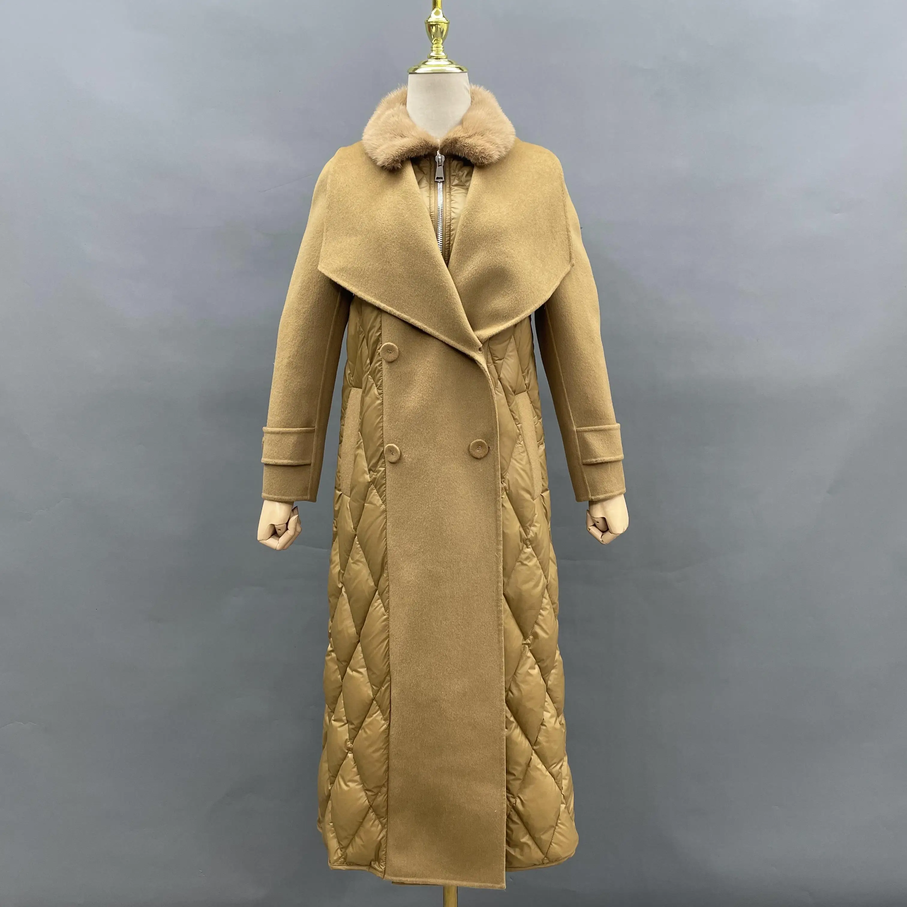 Winter double face wool long trench slim style women down jacket ladies fur coat with mink fur collar
