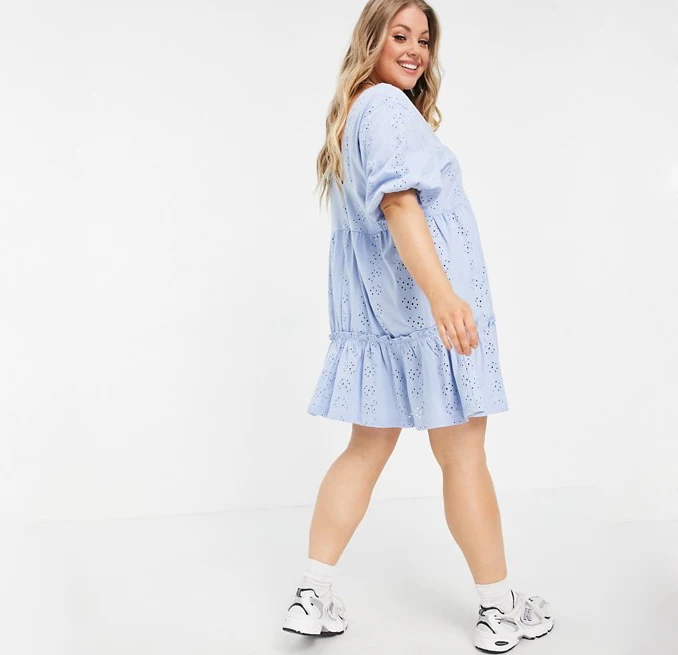 
Selected Femme mini dress with puff sleeves in white and blue embroidery 