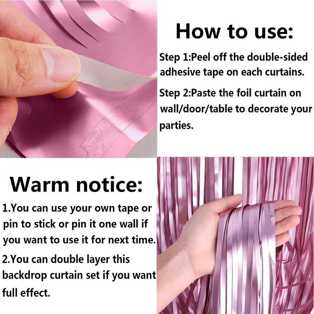 2 Packs Matt Pink Foil Curtains Metallic Tinsel Backdrop Door Fringe Curtains Photo Booth Backdrops for Wedding Birthday