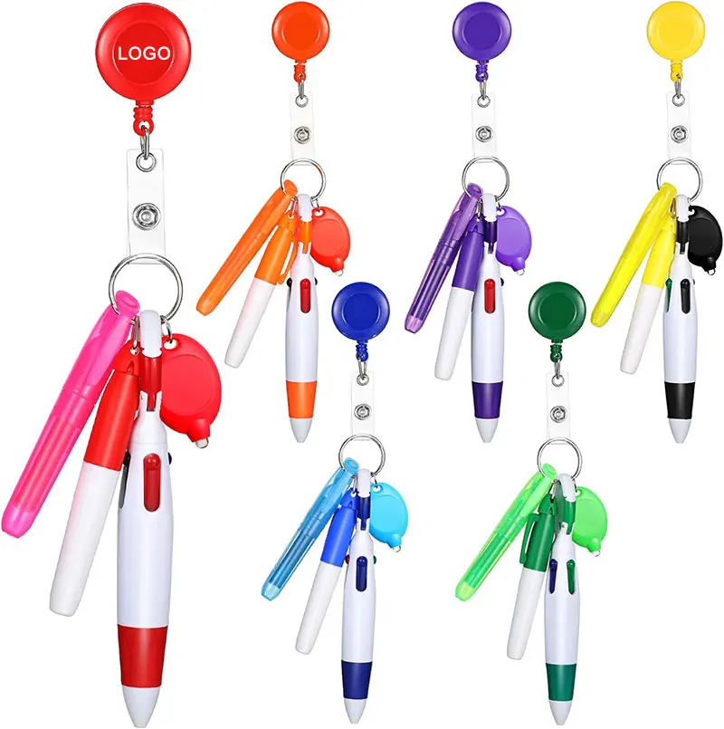 Custom 5 in 1 Retractable Shuttle Pen Set Mini Highlighter Neon Marker Pen Key Chain Flashlight Badge Reel Holder With Light