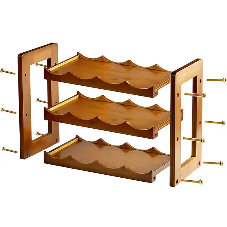 3-Tier Stackable Wine Rack Bamboo Water Bottle and Wine Display Rack Freestanding Water Bottle Holder Water Cup.