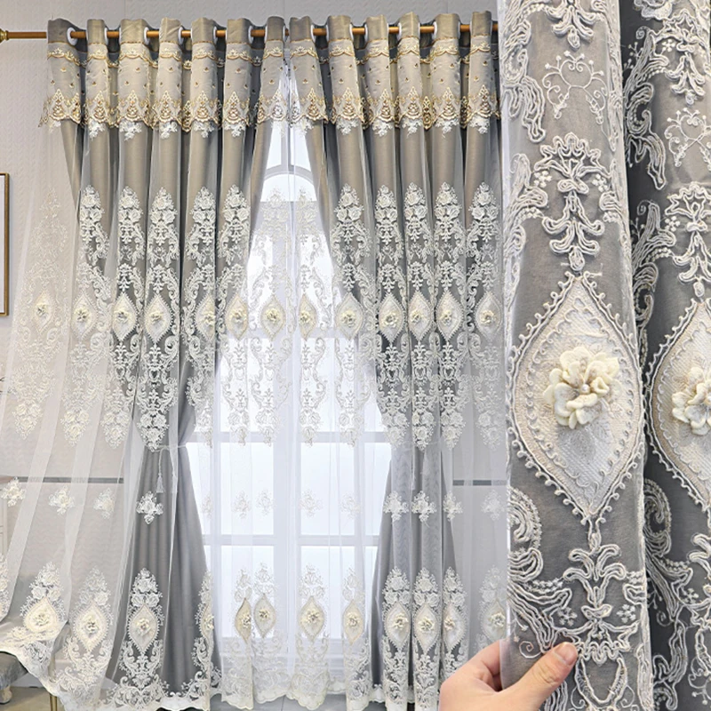 Wholesale Luxury New Style Double Layer Lace Embroidery Blackout Window Curtains for the Living Room and Bedroom