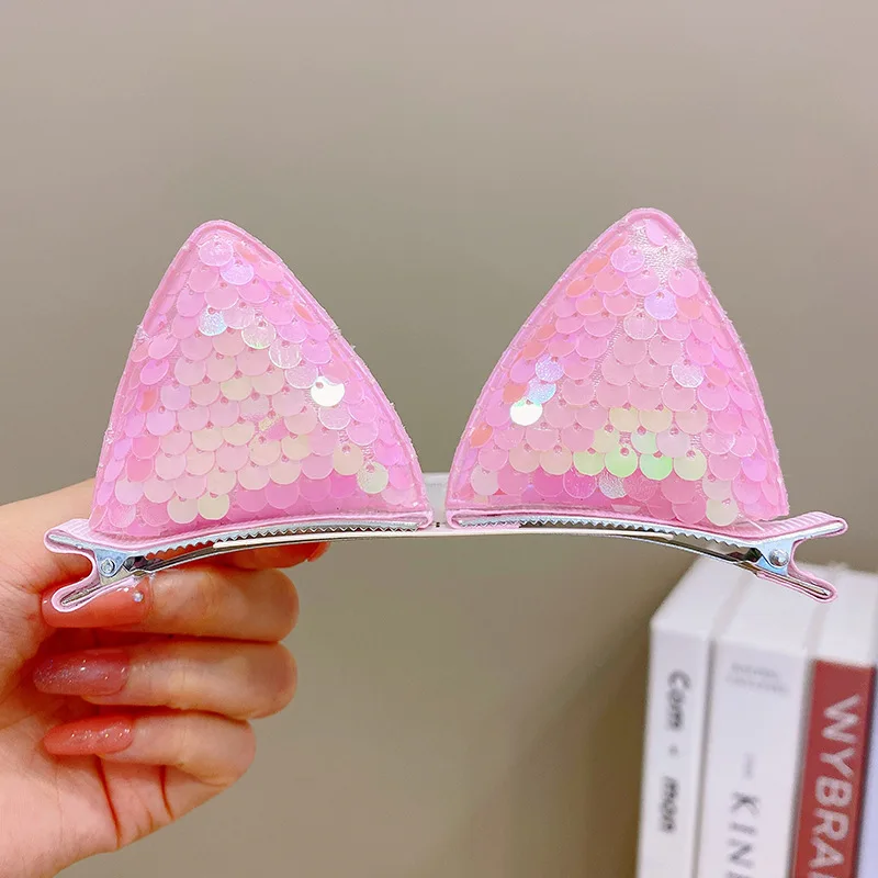 CN 2Pcs Cartoon Cat Ear Hairpins Toddler Girls Sequin Hair Clip Girls Princess Hair Accessories