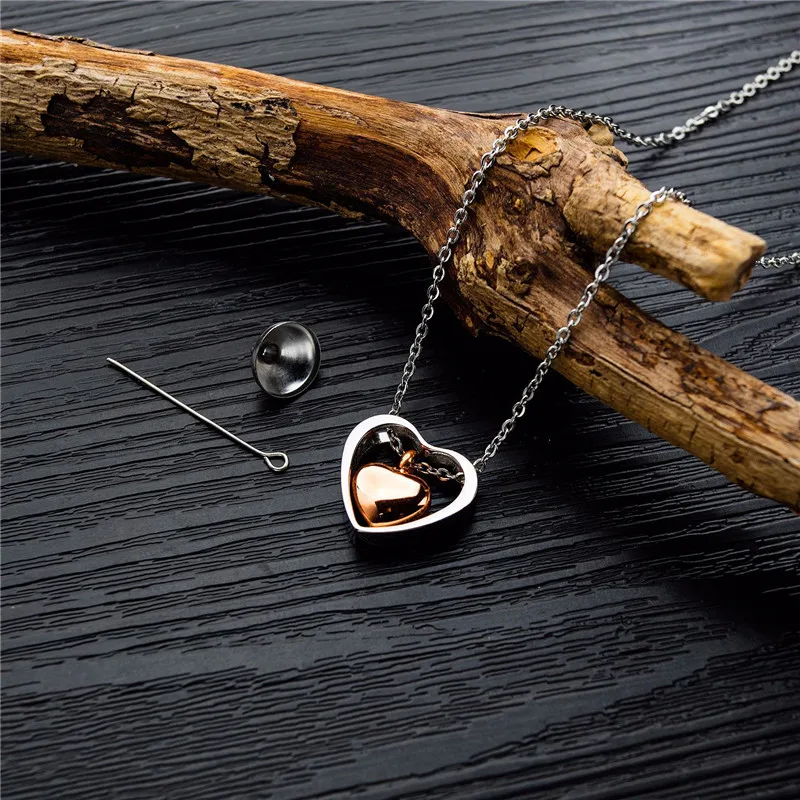 Wholesale titanium metal necklace double heart pet ashes urn necklace cremation urn necklace