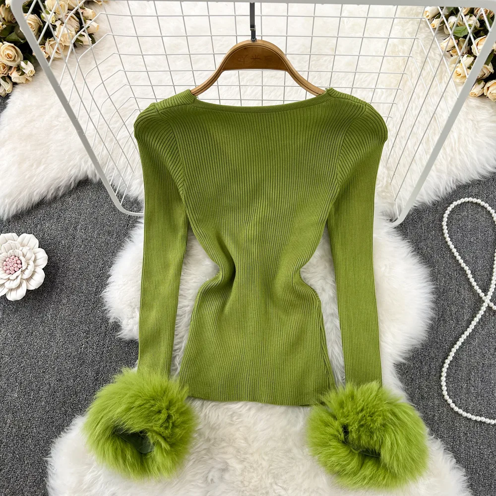 V-neck Furry cuff spliced long sleeve knit top