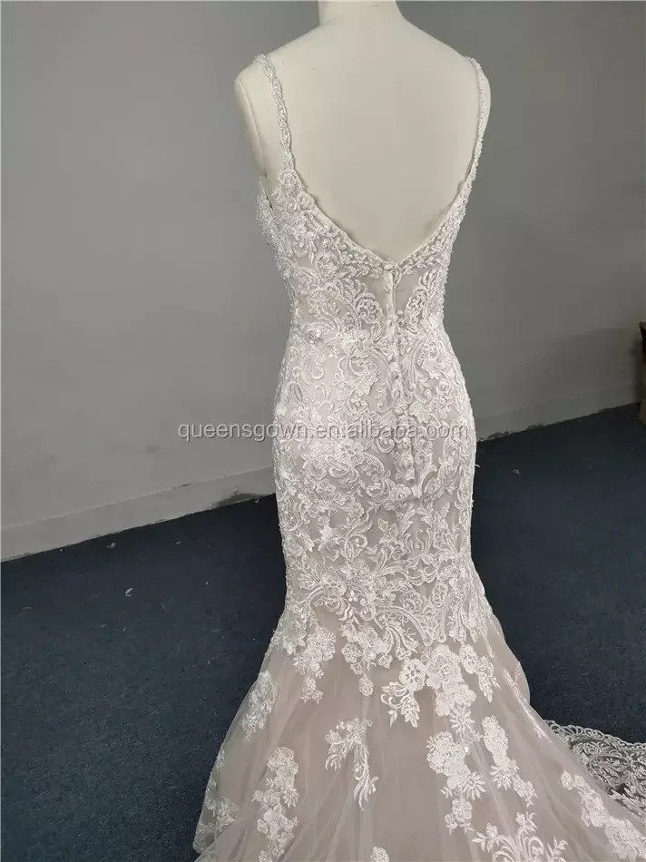 Mermaid spaghetti straps sleeveless  deep v neck beautiful lace wedding dress