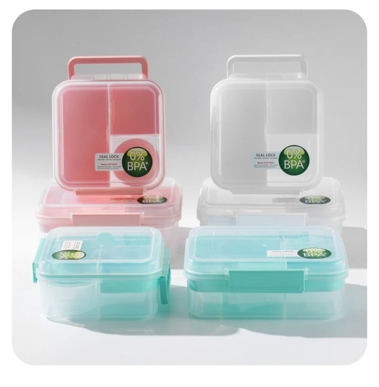 Lightweight Food Container for fruit and vegetable 1.25L multi grid PP lunch box with handle for home and outdoor