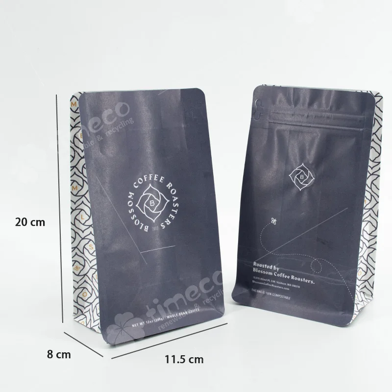Biodegradable Coffee Bean Bags With Valve Zipper Custom Paper Coffee Packaging Bags Flat Bottom Eight-Sided Sealing Bag Pouch