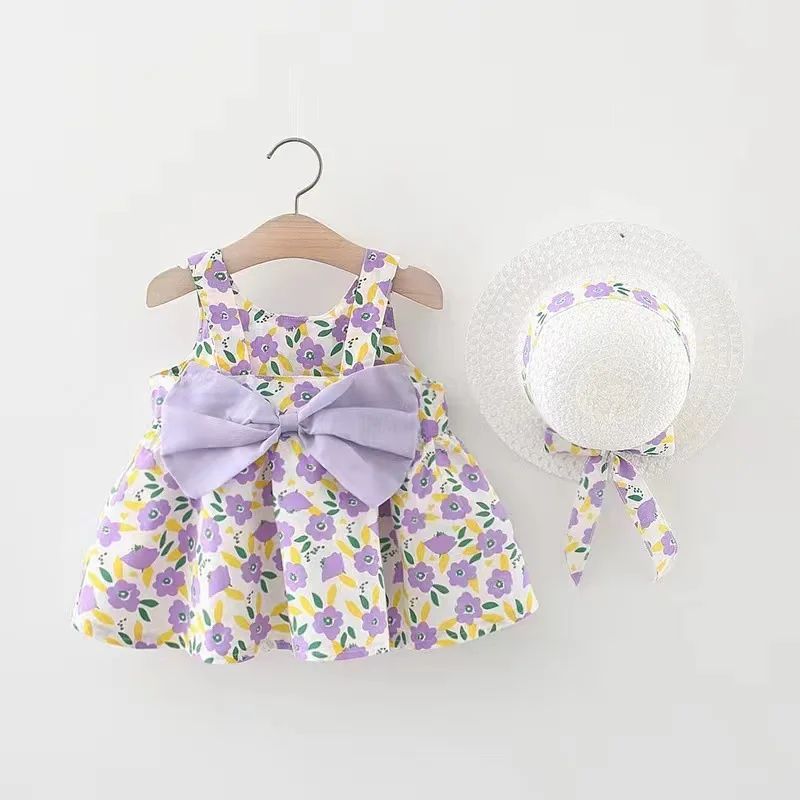 kids wholesale clothing multi print designs floral print baby girls big bow casual dresses infant clothes with free hat