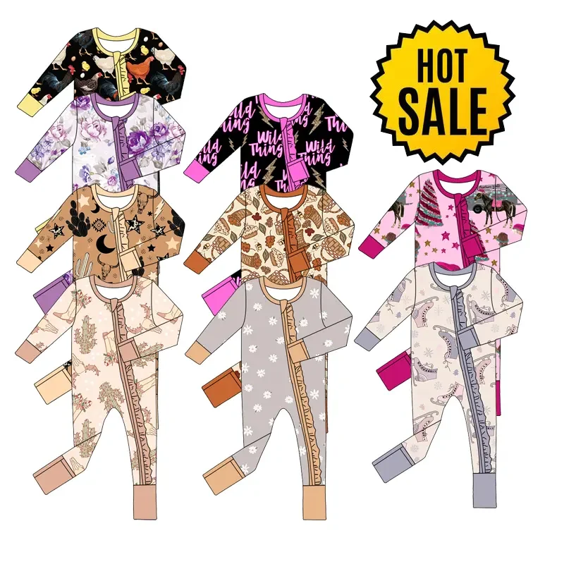 Hot Sale Cheap Factory Price Kids Clothing Bamboo Fabric Ruffled Concealed Zipper Long Romper Soft Baby Winter Pajamas