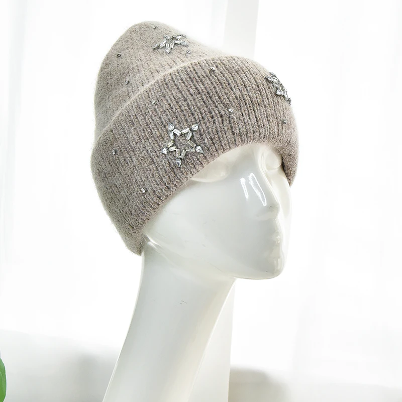 Winter Women Angora Knitted Long Hair Wool Beanie Shiny and Sparkling Diamond Hat Knit Beanies With Jewels Decoration