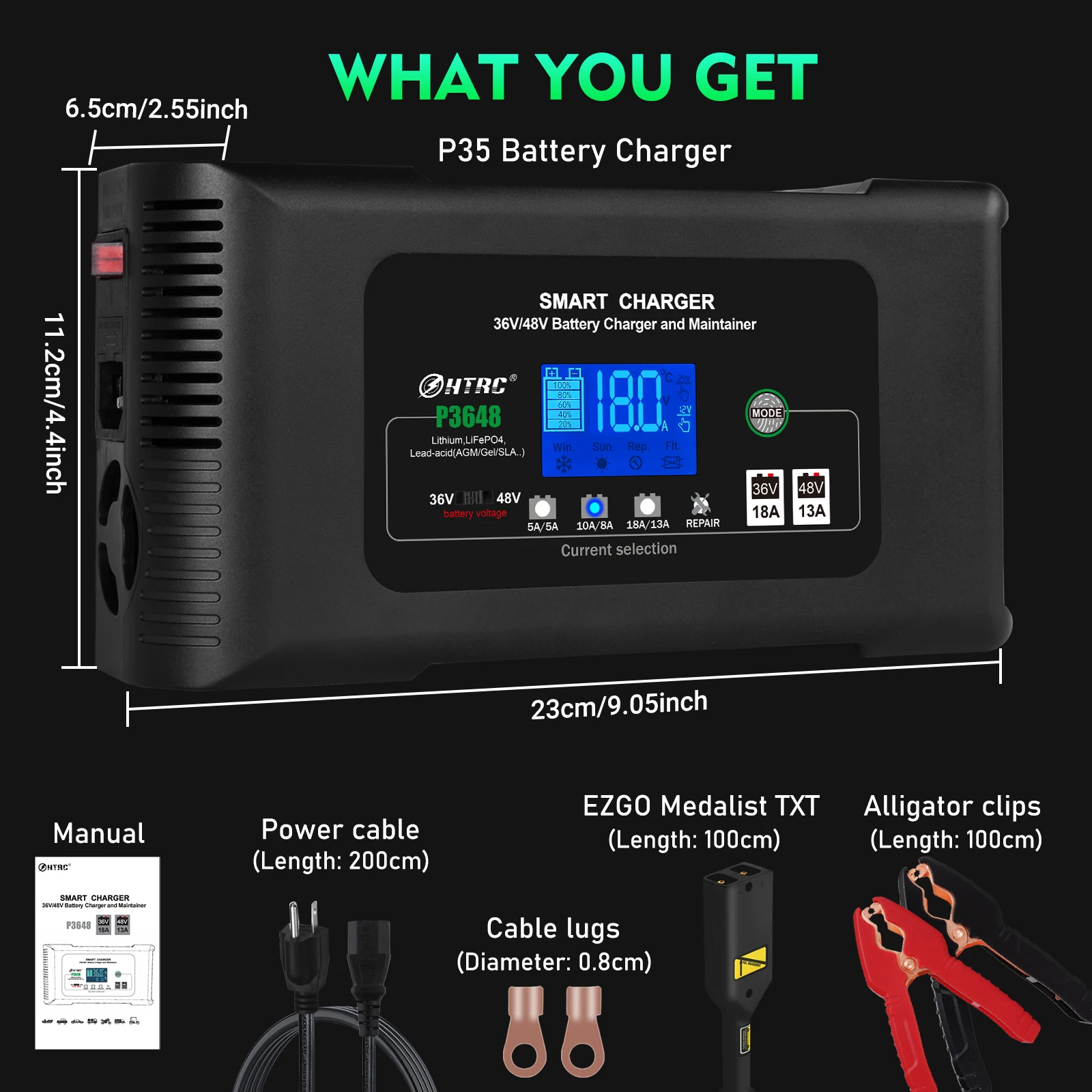HTRC  48V/13A 36V/18A Smart Charger 36Volt Golf cart Charger for PB LiFePO4 Lead-Acid Battery Automatic Motorcycle Charger