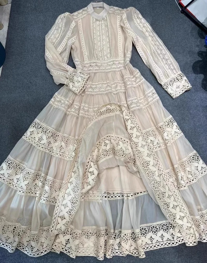 New 2023 Autumn Long Dress High Quality Women Crochet Lace Embroidery Patchwork Long Sleeve Black Blue Green Maxi Dress Tunic