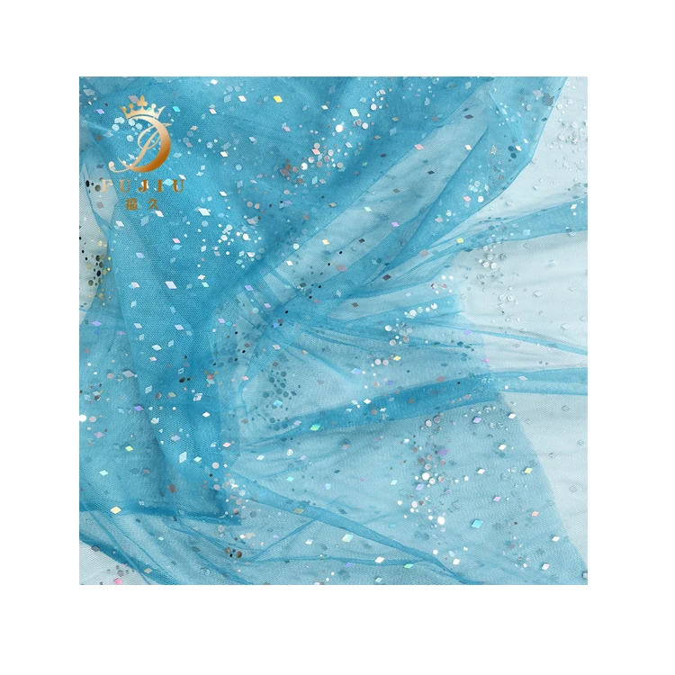 Dreamy peacock blue sequin fabric with glitter breathable for dress
