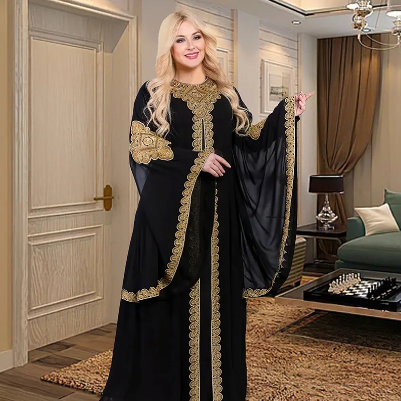 Jalabiya Dubai dress 2024 Fashion jalabiya Muslim Middle Eastern flared sleeve robe Embroidered gold trim open abaya EID dress