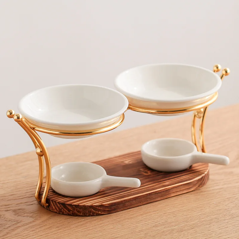 2023 New Design Custom White Aroma Candle Wooden Base Double Ceramic Gold Iron Essential Oil Burner Wax Melt Warmer