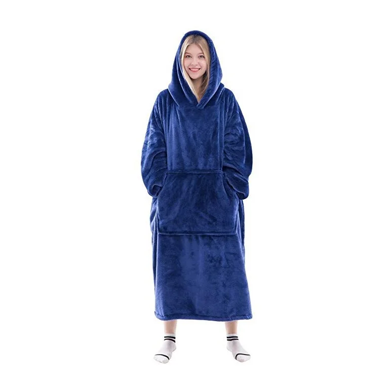 Vacuum packed Amazon couple double sided flannel plus long hooded slacker TV blanket home dress large size sofa hoodie blanket