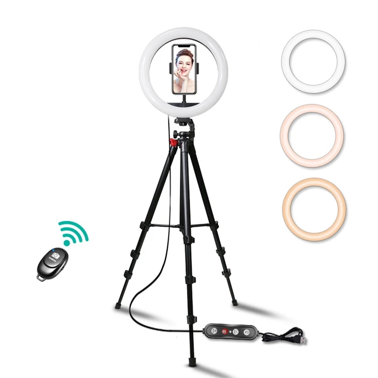 Dimmable Remote Control Selfie Photographic Tripod Stand 10 Inch Ring Light Tripod Stand Black Tiktok Tripod With Ring Light