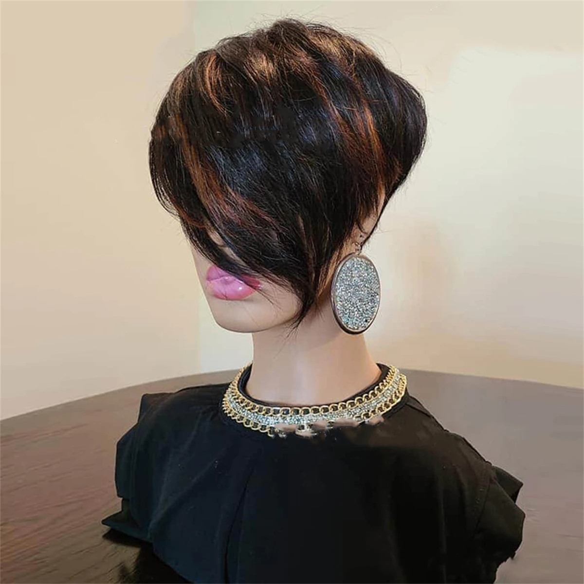 Lady Women Fashion Short Brown mix Black Blonde Synthetic Hair Wigs With Oblique Bangs Hairstyle Cosplay
