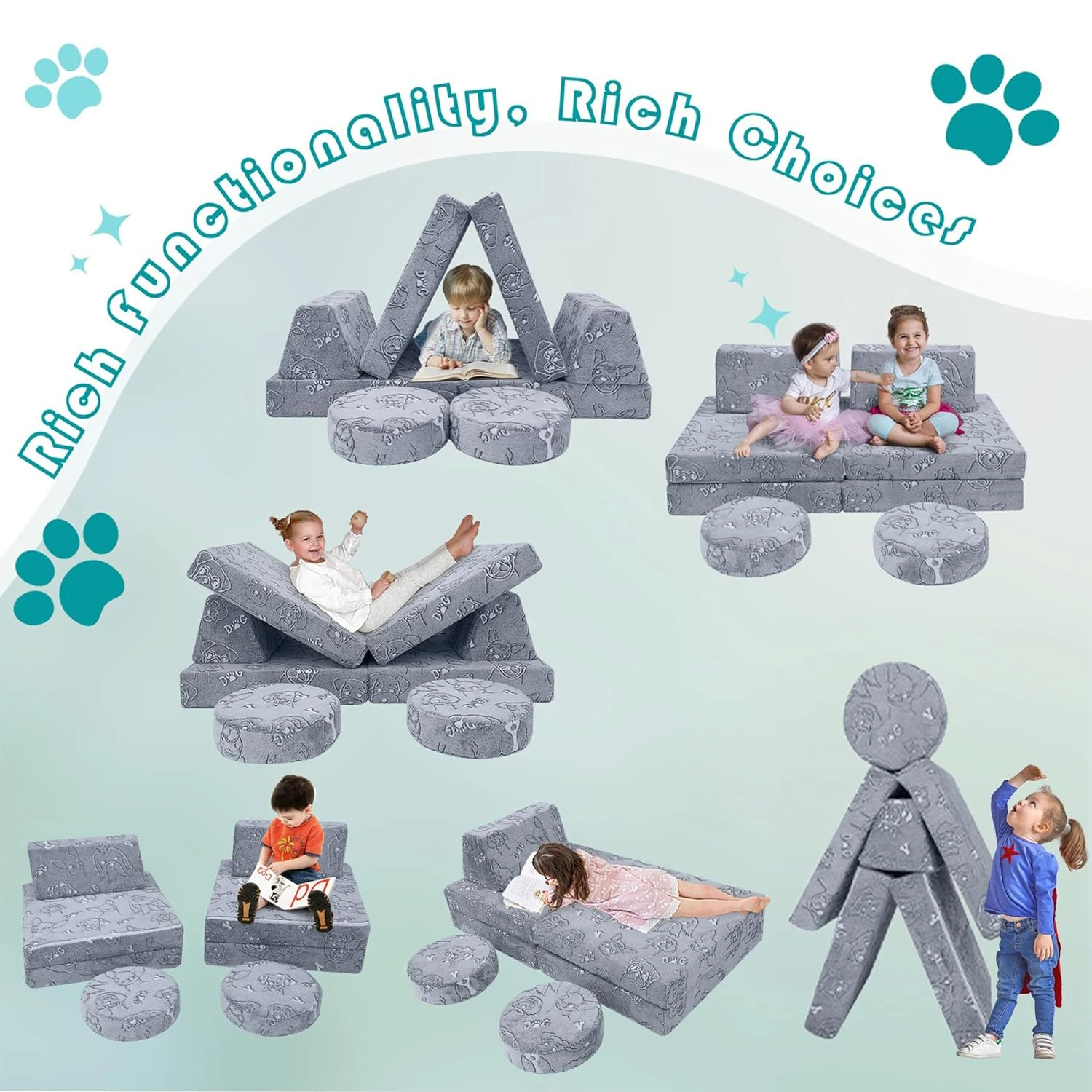 10-Piece Couch Sofa Modular Toddler Glow Sofa for Playroom Fold Out Play Couch Sectional Foam Couch Set for Kids