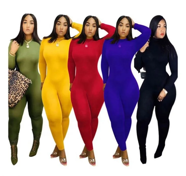 
12201Na Casual Fashion Turtleneck Solid Color Long Sleeve High Stretch Bodycon Womens Rompers Clothing 