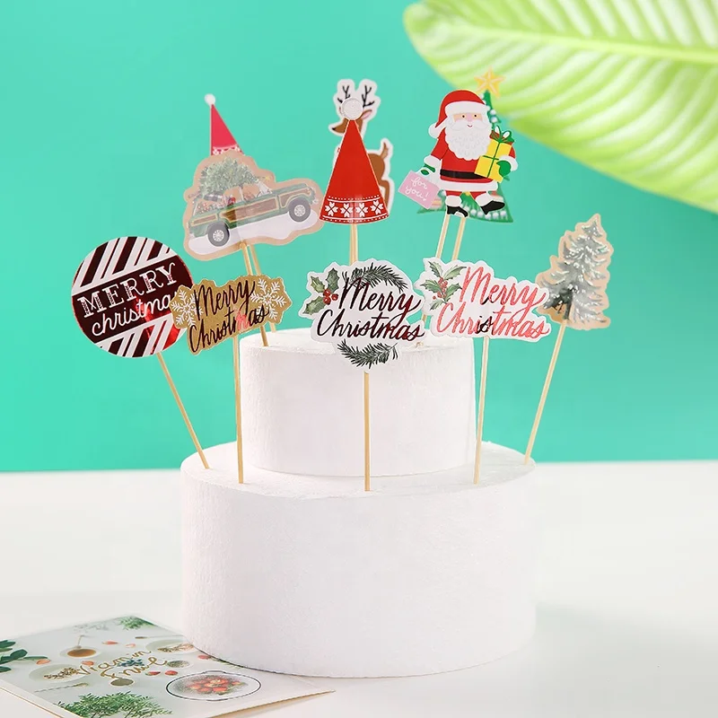 
New design Christmas tree Santa cake decoration topper birchwood picks cake accessory 