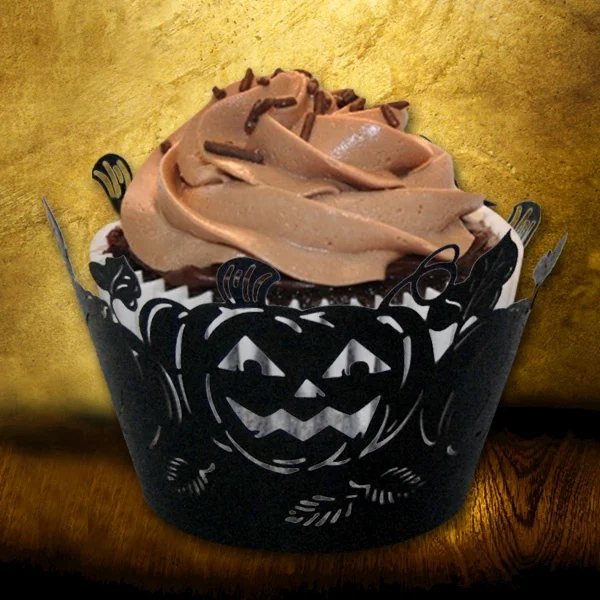 DIY Hollow out Halloween Lace Pumpkin Face Cupcake Wrappers and Toppers Lace Liner Baking Cake Paper Cup Wraps for Halloween Par