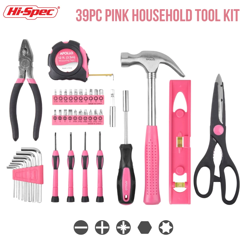 39pc Pink Home & Office DIY Tool Kit Set Complete Essential Household Hand Tools in a Compact Portable Tool Box. OEM ODM Ready