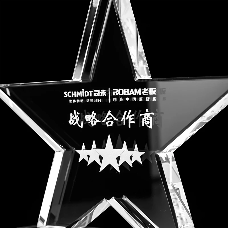 Wholesale Customized K9 Crystal Glass Award Display Plaque Wooden Crystal Start Trophy