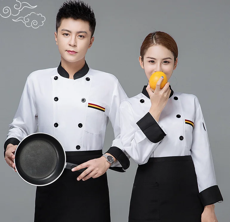 Custom Logo White Long Sleeves Jacket Coat with Pockets on Chest Soft Restaurant Uniforms for Employees Cook Hotel Chef Clothes