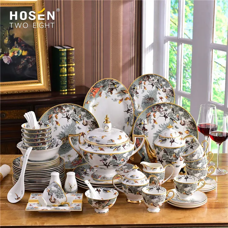 Luxury Western Ceramic 58pcs Cookware Equator Jungle Series Tableware Set Bone China Bowls and Plates Porcelain Dinner set
