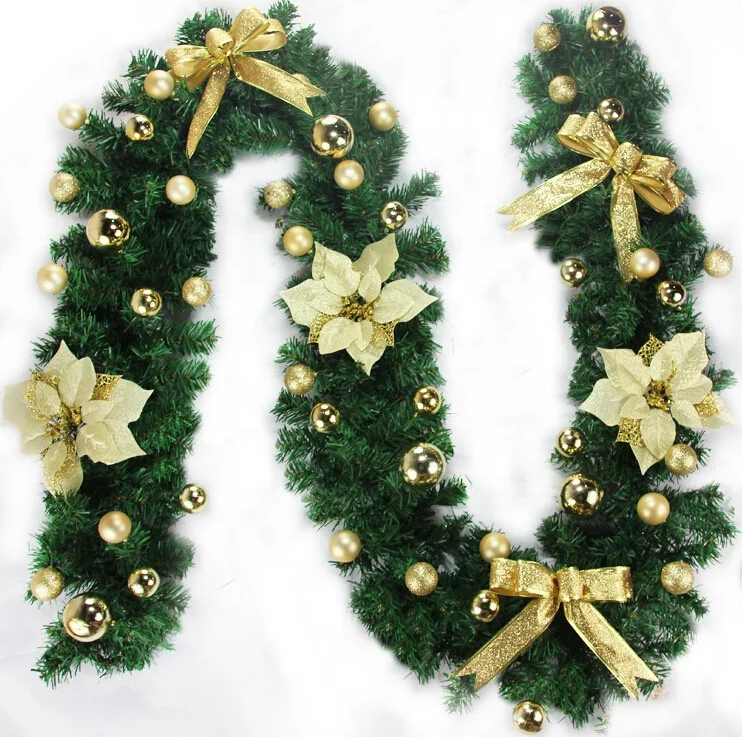 2.7m Green Artificial Christmas Garland Poinsettia Christmas Flower Wreath Christmas Tree Rattan Hanging Ornament Decoration
