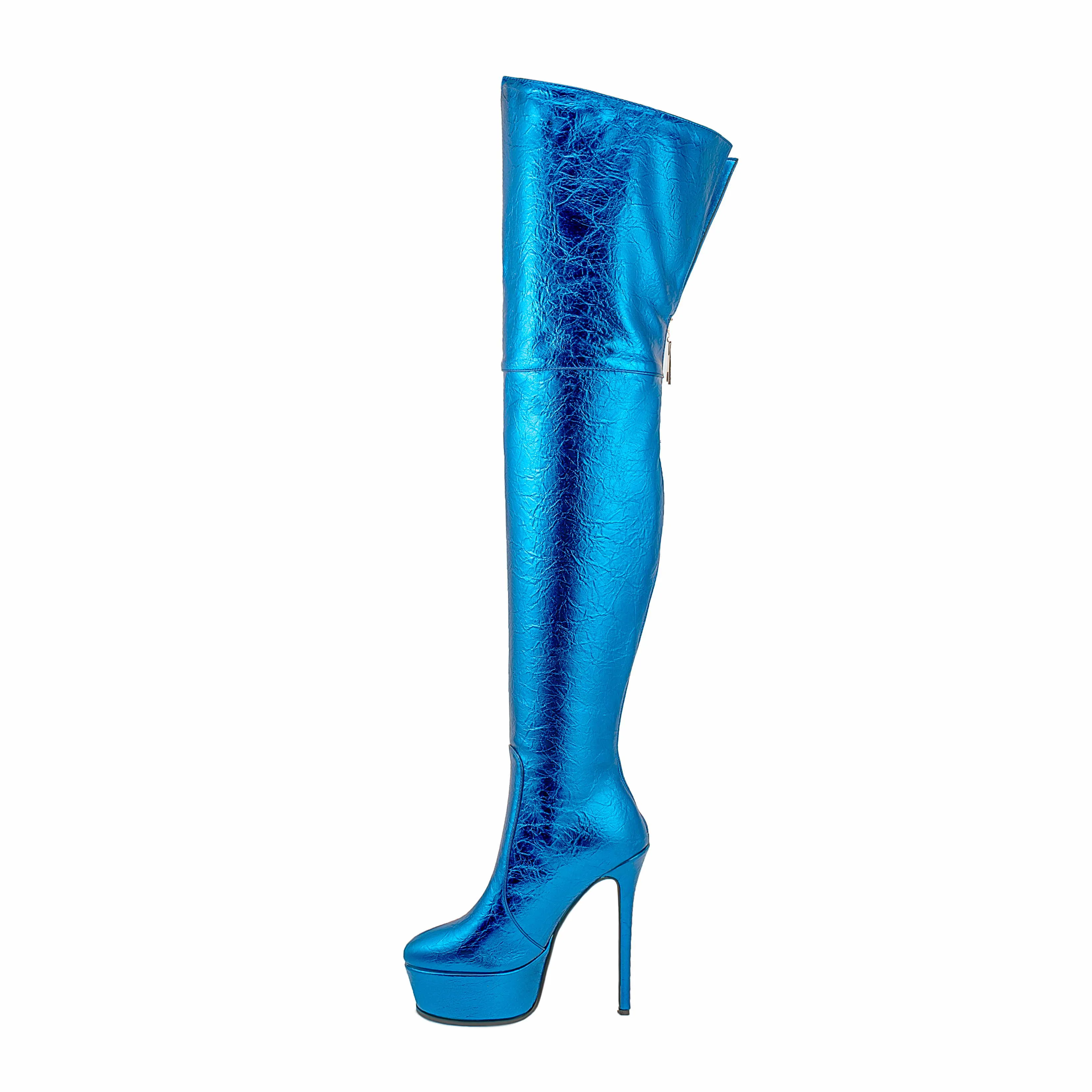 Large Size 48 Fashion Metallic PU Women Platform Back Zipper High Heel Sexy Over Knee Winter Thigh High  Stripper Boots