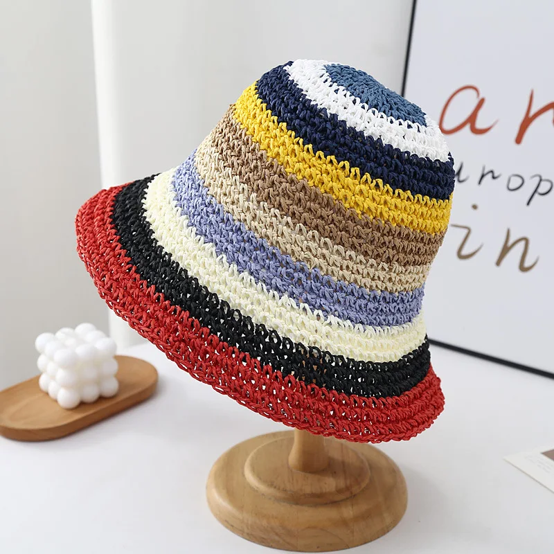 Handmade Rainbow Straw Hat Sunscreen Shading Fisherman cap Braided Striped High Quality Crochet Bucket Straw Hat