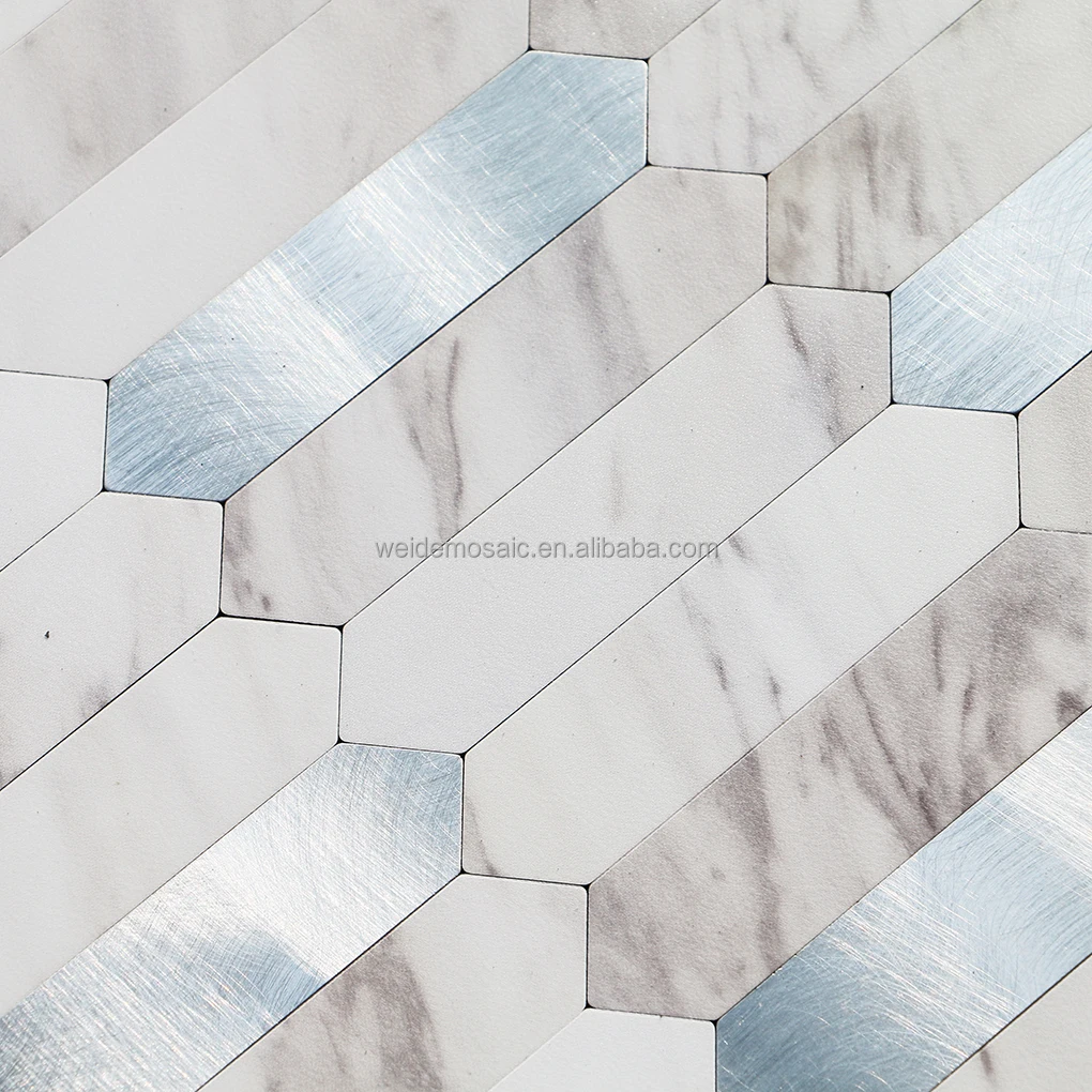 Long Hexagon PVC Peel and Stick Backsplash Silver Metal Mosaic Self Adhesive Aluminous Wall Mosaic Tiles
