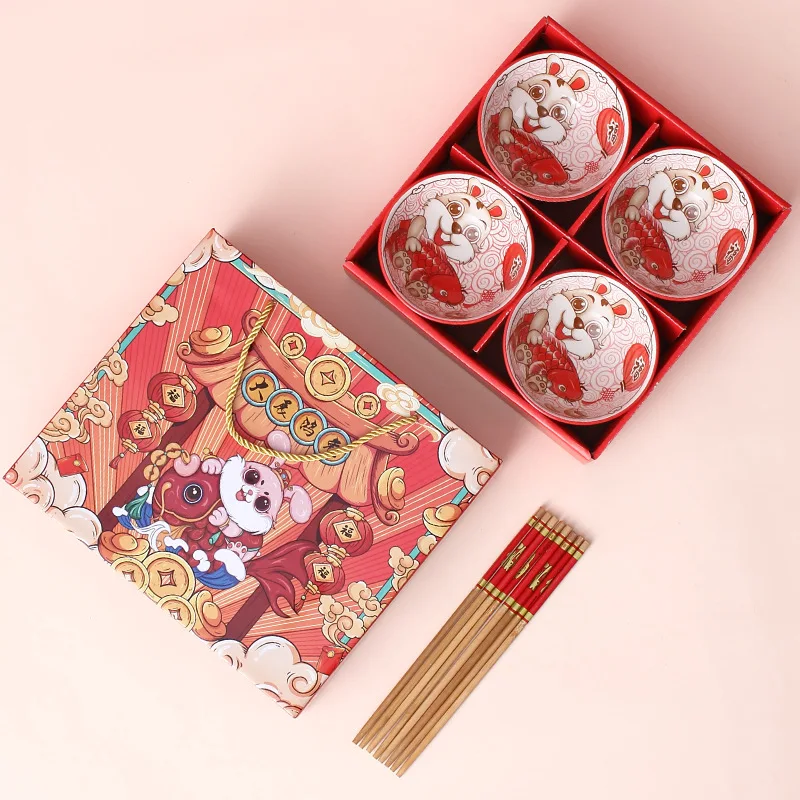 2023 Rabbit Year Ceramic Bowl Gift Set 4.5inch Rabbit Bowls with Chopsticks for Chinese New Year OEM LOGO