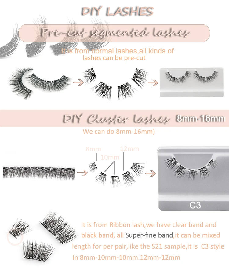 Worldbeauty glue-based bulk half strip lashes super thin band 3D faux mink lashes private label  pre cut segment lashes
