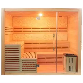 Solid wood 4-6 people indoor Double bench heating sauna rooms wet steam traditional sauna
