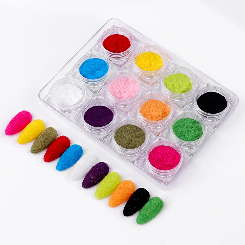 12 Color Fuzzy Flocking Velvet Nail Powder Colorful Cashmere Glitter Nail Art Dust Winter UV Gel Polish Manicure Decorations