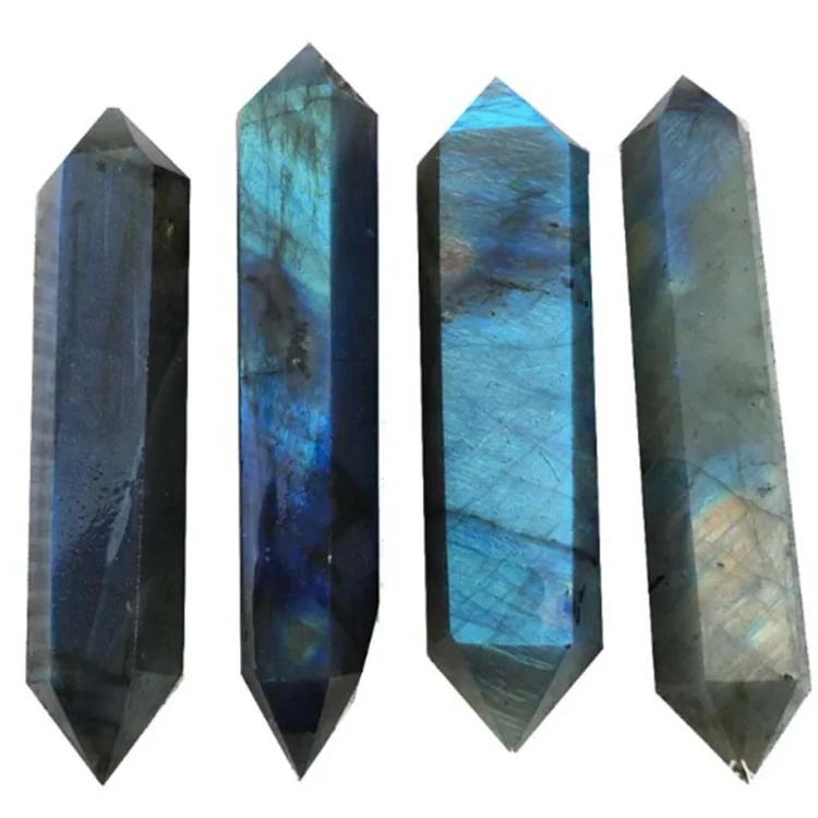Natural blue rainbow moonstone double-pointed six prisms large crystal column point