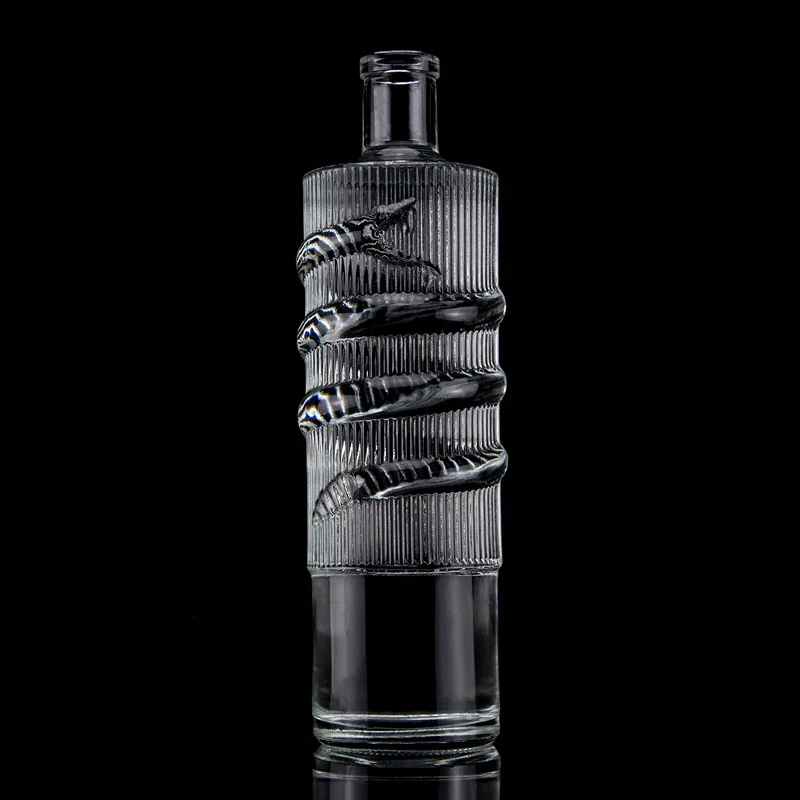 Factory Price 750ml Bar Top Emossed Snake Drawing Glass Bottle For  Vodka Cylinder Engraving Vodka Bottle
