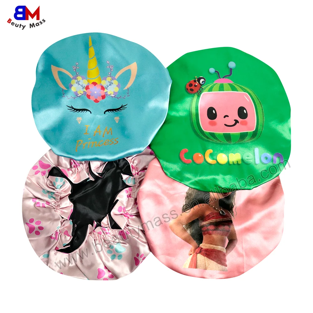 Best Selling Toddler Infant Satin Hair Bonnets Double Layered Reversible Kids Cartoon Character Satin Bonnet for Night Sleep Cap