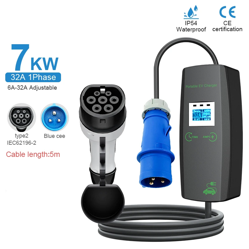10-32A current adjustable 7.4Kw home evse portable ev charger type 2 iec 62196 electric car charger