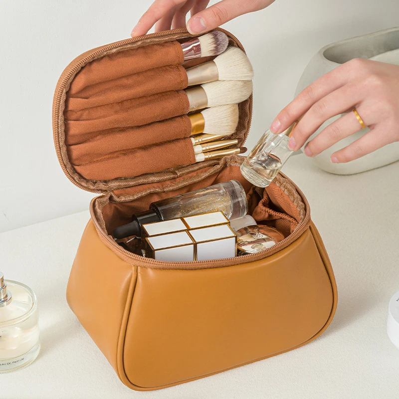 Large capacity portable PU leather cosmetic bag female makeup organizer travel toiletry bag
